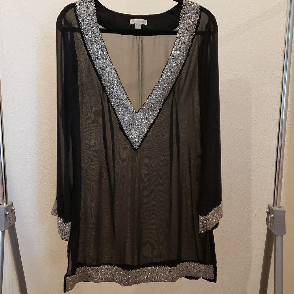 Boston Proper Sheer Black Tunic, Cover Up, Top with Silver Detailing
